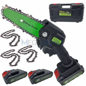 Mini fierastrau cu lant electric MegaGarden Profesional 48V , 2 acumulatori, 3 lanturi, incarcator, geanta de transport Mini fierastrau cu lant electric MegaGarden Profesional 48V , 2 acumulatori, 3 lanturi, incarcator, geanta de transport