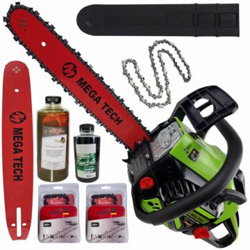 Pachet Motofierastrau cu lant ( drujba ) pe benzina MegaTech 9000 CARBON, 8CP, pachet uleiuri, 3 lanturi super unghi drept expert, 58cc, lama rosie, pornire EasyStart