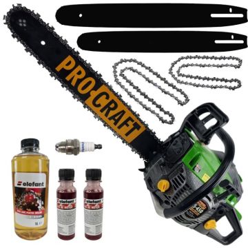 Motofierastrau cu lant pe benzina ProCraft GS450, 7CP, 2 lame, 2 lanturi, pachet ulei, bujie rezerva, ungere automata