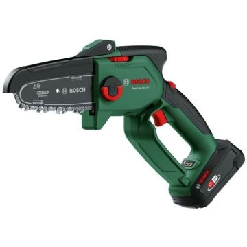 BOSCH Mini fierastrau electric/mini drujba cu lant pe acumulator Bosch EasyChain 18V-15-7, 18 V, lungime lama 15 cm, viteza lant 6.95 m/s, lama Oregon, motor fara perii, include: incarcator + acumulator 18 V 2.5 Ah, Verde