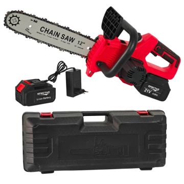 Drujba  mini fierastrau cu acumulator DDT-CRISTAL, 21V, 4A, Indicator procentaj baterie, sistem de ungere automat, Lama+Lant 12  Geanta transport, Rosu-Negru