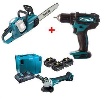 Makita Fierastrau cu lant Makita DuC353Z, 35 cm, compatibila cu acumulator Li-Ion 18V, + Masina de gaurit si insurubat, 62Nm, DDF482Z + Polizor unghiular, 125 mm, DGA504Z + 3 acumulatori LI-ION 18V 5AH, incarcator dublu, valiza spaciala Makpac4 - Makita