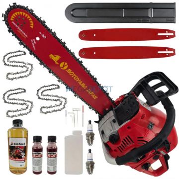 Pachet Motofierastrau pe benzina, drujba, Motoyama Japan, Campion, 8.5CP, 2 x  lama otel premium 40 cm, 3 x lanturi, pachet ulei, 2 x bujii,  58cmc, pornire SuperEasyStart