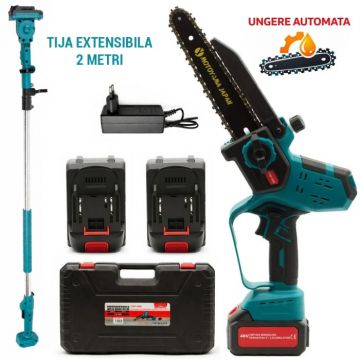Fierastrau de mana Motoyama Japan + Tija extensibila 2M, 48V, 2 acumulatori, Sistem de ungere automata integrat, Lama 24cm, Geanta transport - Copie