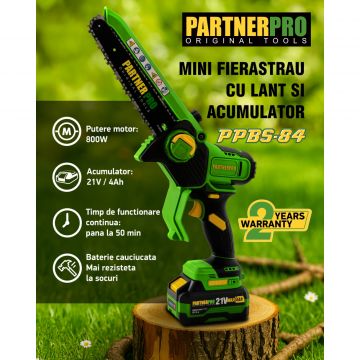 Mini Fierastrau cu Lant si Acumulator PPBS-84 Partnerpro, Brushless, 21V / 4Ah, Indicator sarcina