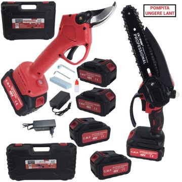 Pachet Foarfeca de taiat crengi + Minifierastrau pe acumulator CMP, 48V, 4 acumulatori, Accesorii incluse, Genti de Transport